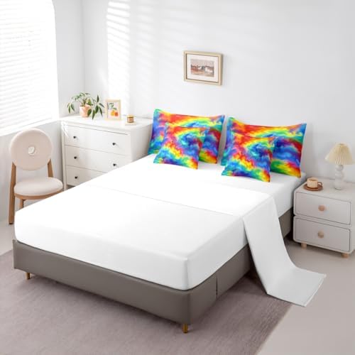 Erosebridal Tie Dye 7 Piece Bedding Set Queen Rainbow Comforter Set with Sheets Pastels Bed in A Bag Kids Girls Women Colorful Bed Sets with 2 Pillowcases, 2 Throw Pillow Covers