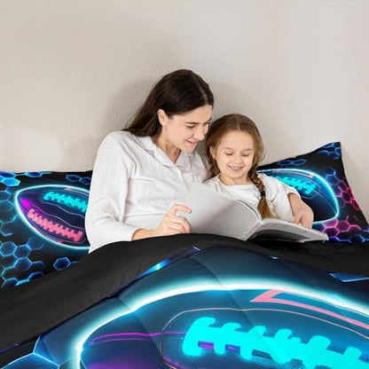 Erosebridal Rugby Sports Comforter Set for Kids Boys Girls Football Bedding Honeycomb Hexagon Duvet Set Colorful Neon Lights Comforter King with 2 Pillowcases