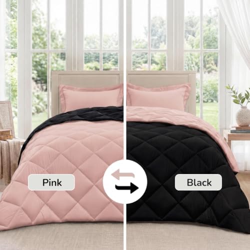 downluxe Queen Comforter Set Soft Reversible 3 Pieces, Pink/Black