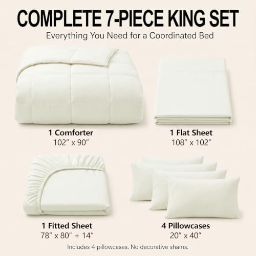 CozyLux King Size Comforter Set Ivory - 7 Pieces Bed in a Bag