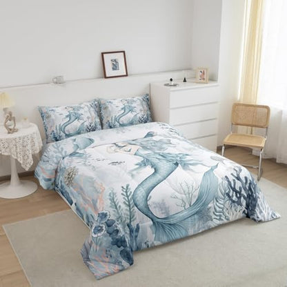 Homewish Cartoon Mermaid Comforter Set King Size,Blue Coral Shell Fish Quilt Set 3Pcs for Kids Girls Woman Teens Room Decor,Watercolor Sea Life Bedding Set Fantasy Mermaid Duvet Insert,2 Pillowcases