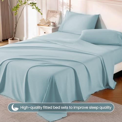 ROSE&RISY Light Blue King Sheet Set, 4 Pieces Soft Bedding King Sheet Set, Breathable and Cooling,Includes 1 Fitted, 1 Flat, 2 Pillowcases - Deep Pocket (Light Blue, King)