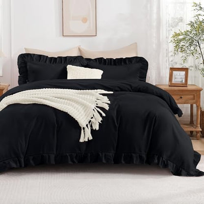 Andency Black Ruffle Duvet Cover Full, Shabby Chic Farmhouse Bedding Set