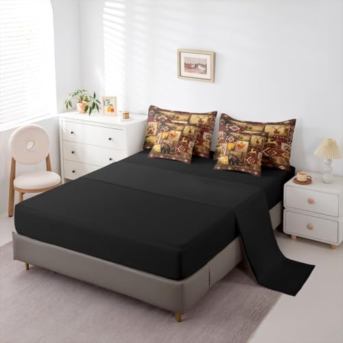 Erosebridal Vintage Rustic Bedding Set King Farmhouse Lodge Bear Deer Comforter Set 7 Piece Country Cabin Bed in A Bag for Adults Western Maple Leaf Retro Pine Trees Quilt with Flat Fitted Sheet