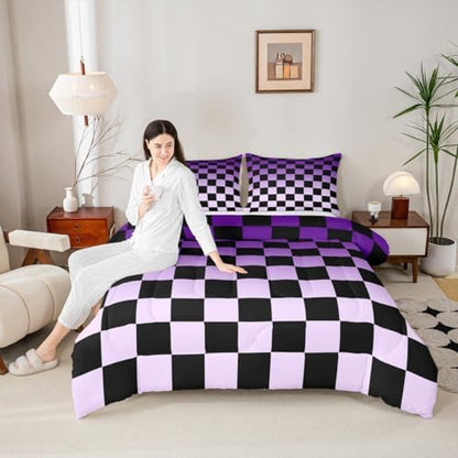 Feelyou Checkered Kids Comforter Set Twin Size Modern Geometric Gradient Purple Black Bedding Set Cute Neutral Plaid Duvet Quilt for Kids Boys Girls Bedroom Vintage Aesthetic Decor