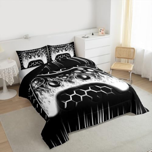 Erosebridal Honeycomb Gaming Kids Comforter Sets Boys Grey Neon Lights Game Console King Bedding Set Ombre Art Geometric Hexagon Beehive Quilt Set Gamer Decor for Boys Bedroom Decor