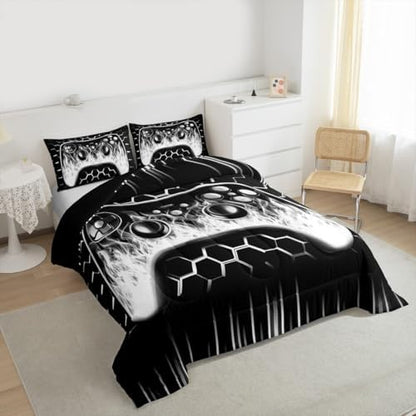 Erosebridal Ombre Art Honeycomb Gamer Comforter Sets for Boys Grey Neon Lights Game Console Toddler Bedding Sets for Boy Geometric Hexagon Beehive Duvet Insert Gaming Decor for Boys Bedroom Decor
