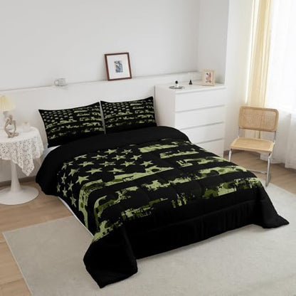 Erosebridal American Flag Bedding Set, Camouflage Comforter Set Twin for Kids Boys Teens Adult, USA Federations Stars Duvet Sets Geometric Stripes Camo Down Comforter for Bedroom Decor, Army Green