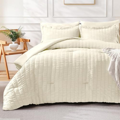 FreshCulture Comforter Set Seersucker 7 Pieces, All Season Bedding Set California King, Bed in a Bag Set with 1 Comforter, 1 Flat Sheet, 1 Fitted Sheet, 2 Pillowcases and 2 Pillow Shams, Ivory