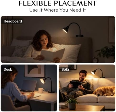 Solfres Innovative Design Rechargeable Headboard Reading Light. No Drilling Book Light for Bedtime Reading. Dimmable LED Lamp with Bulb. Movable & Flexible, Black