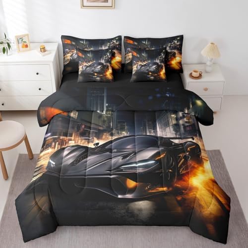 Erosebridal Black Race Car Bedding Set Full,3D Sports Car Comforter Set,Fire Racing Car(Comforter+Fitted+Flat Sheet+2 Pillowcases+2 Throw Pillow Covers) 7 Pieces Bed Set for Boys Teens Youth