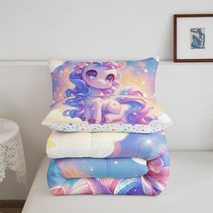 Castle Fairy Unicorn Girls Comforter Set Twin,Kids Cartoon Cute Reversible Quilt Sets Girly Girls Boys Rainbow Unicorn Bedding Set Kawaii Animal Pattern Duvet Insert with 1 Pillowcase Pink Purple