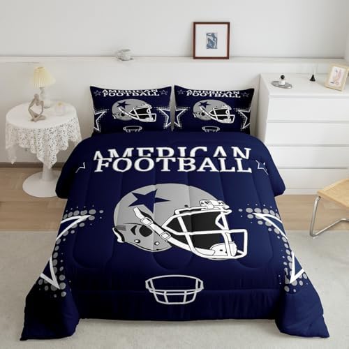 American Football Comforter Set Full Size Rugby Helmets Bedding Set 3pcs for Kids Boys Teens Men Bedroom Decor Ball Sports Gaming Quilted Duvet Modern Grey Stars Print Duvet Insert,Navy Blue