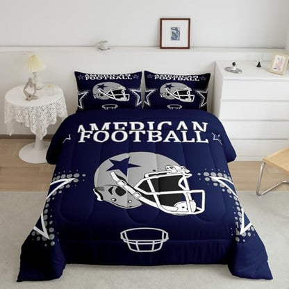 American Football Comforter Set Full Size Rugby Helmets Bedding Set 3pcs for Kids Boys Teens Men Bedroom Decor Ball Sports Gaming Quilted Duvet Modern Grey Stars Print Duvet Insert,Navy Blue