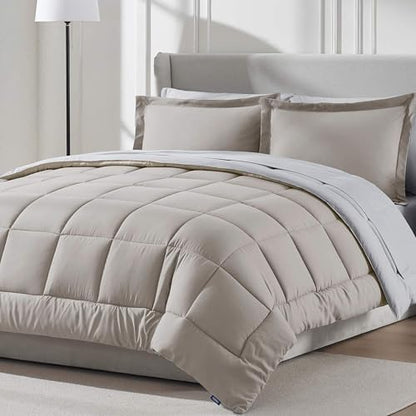 Nestl 9 Piece California King Comforter Set – Linen Reversible Bed in a Bag – Complete Cal King Size Bedding Set with Sheets, Set of 2 Down Alternative Pillows, Pillowcases and Shams