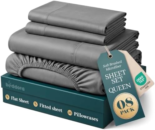 Pack of 8 Queen Sheets Set, 16" Deep Pocket Hotel Luxury Sheet, Dark Grey