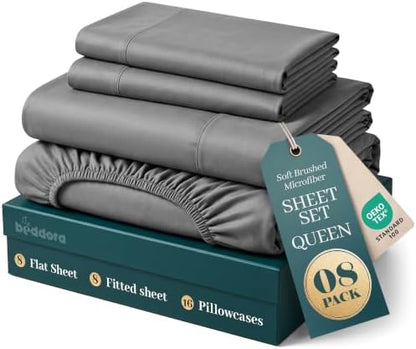 Pack of 8 Queen Sheets Set, 16" Deep Pocket Hotel Luxury Sheet, Dark Grey