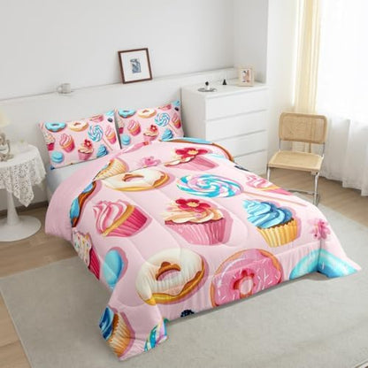 Homewish Donuts Comforter Set Twin Size,Cake Sweets Bedding Set 2pcs for Kids Girls Teens Room Decor,Cartoon Desserts Themed Duvet Insert Sets Pink Gourmet Quilted Duvet Set with 1 Pillowcase