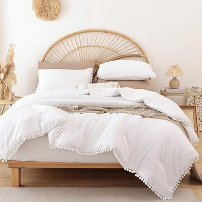 YIRDDEO King Size Comforter Set, White Ball Pom Fringe Bedding Set 3 Pieces