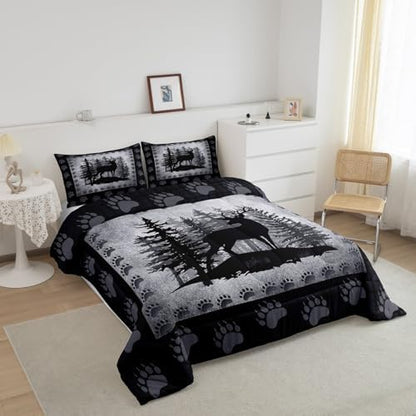Castle Fairy Rustic Deer Plaid Kids Comforter Set Toddler Size Wild Animal Hunt Cabin Decor Bedding Set for Boys Bedroom Pine Trees Farmhouse Country Grid Quilt Set with 1 Pillowcase, Polyester