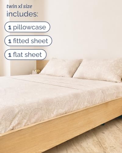 Twin XL 3 Piece Floral Sheet Set - Breathable & Cooling - Beige Floral