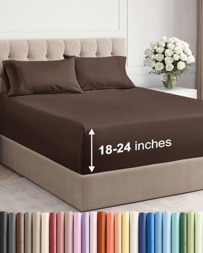 Extra Deep King Sheet Set - 4 Piece Breathable & Cooling Bed Sheets - Brown