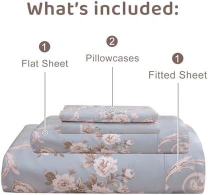 QSH Floral King Size Sheet Sets - 100% Egyptian Cotton Floral Bedding Sheets Blue Vintage Paisley Flower Pattern Printed Bedding King Size Bed Sheets 17.5" Extra Deep Pocket 4pcs