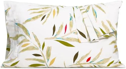 Pillow Cases Standard Queen Cotton Percale Set of 2, Green Leaves