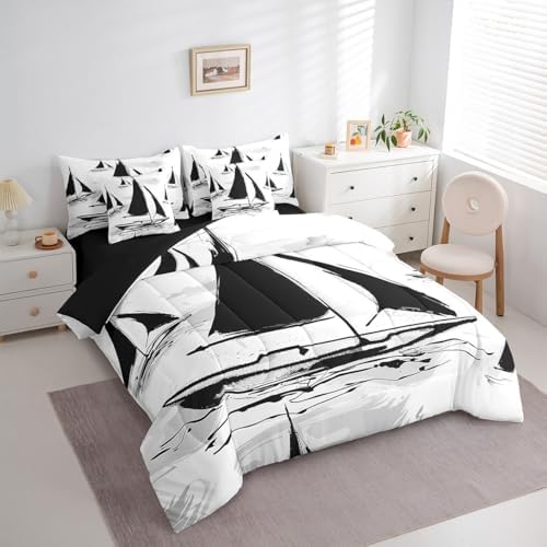 Erosebridal 7Pcs Black Sailboat Comforter Set King Size,Sailing Ship Pirate Themed Bedding Set,Nautical Vintage Sailboat Bed in A Bag,Black Sketch Tie Dye Sheet Set with Comforter