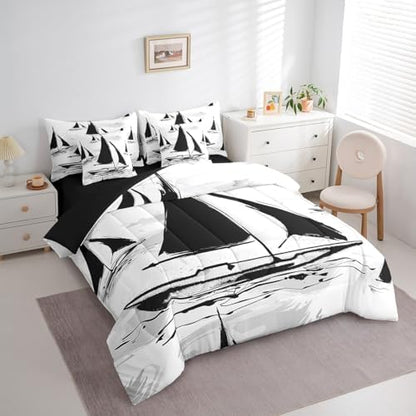 Erosebridal 7Pcs Black Sailboat Comforter Set King Size,Sailing Ship Pirate Themed Bedding Set,Nautical Vintage Sailboat Bed in A Bag,Black Sketch Tie Dye Sheet Set with Comforter