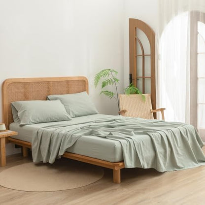 BESTOUCH Cal King Washed Cotton Linen Feel Sheet Set 4 Pcs Sage Green