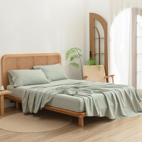 BESTOUCH Full Washed Cotton Linen Feel Sheet Set 4 Pcs Sage Green