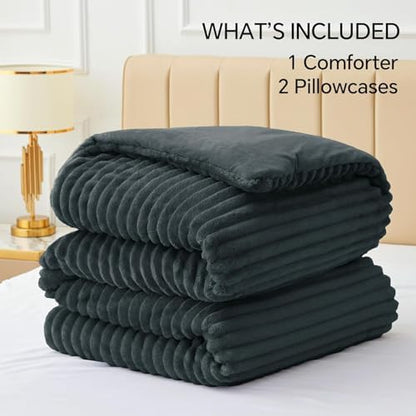 BEDELITE Fleece Full Comforter Set, Fluffy Bed Set, Dark Grey