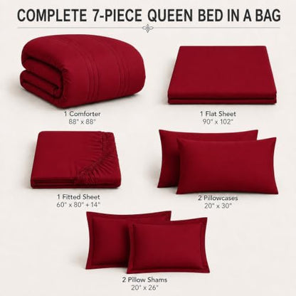 Queen Comforter Set with Sheets, 7 Pieces Bed in a Bag Queen Red