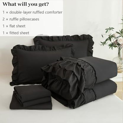 ANGIYUIN 5Pcs Black King Size Bed in A Bag Double Ruffled Comforter Sets Lightweight Shabby Chic Bedding Sets Soft Fluffy Bedding Comforter Set with Sheets for Women Men(Black King)