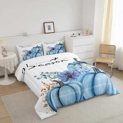 Fall Pumpkin Comforter Set Queen Size,Blue Flowers Plants Bedding Set 3pcs for Kids Girls Woman Adult Room Decor,Rustic Farmhouse Style Quilt Set Watercolor Hand Drawn Duvet Insert,2 Pillowcases