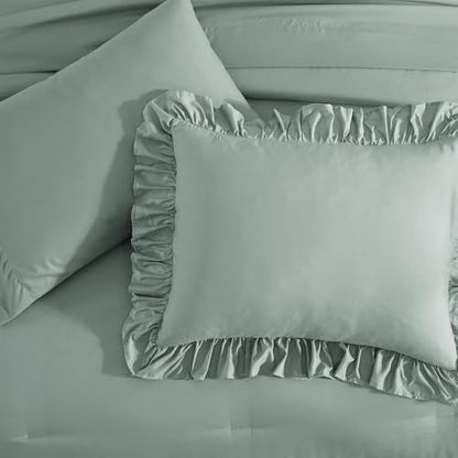 Oversized King Comforter Set Sage Green Ruffle 7 Pieces Bed in a Bag