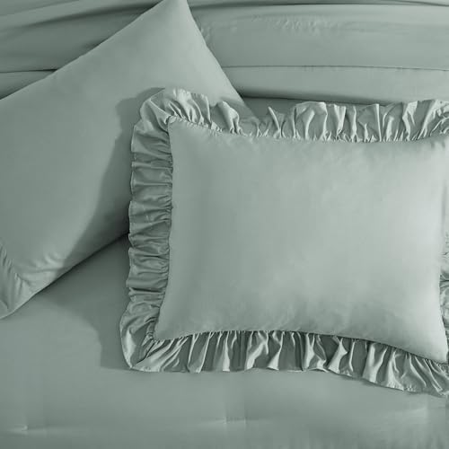 California King Comforter Set Sage Green Ruffle 7 Pieces Bed in a Bag