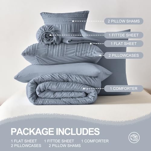 DHSFKBE Blue Tufted Comforter Set King Size 7 Piece Bed in a Bag，Shabby Chic Boho Bedding for Bedroom Comforter，All Season Soft Microfiber Ruffle Comforter Set with Pillow and Sheets