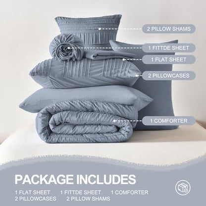 DHSFKBE Blue Tufted Comforter Set King Size 7 Piece Bed in a Bag，Shabby Chic Boho Bedding for Bedroom Comforter，All Season Soft Microfiber Ruffle Comforter Set with Pillow and Sheets