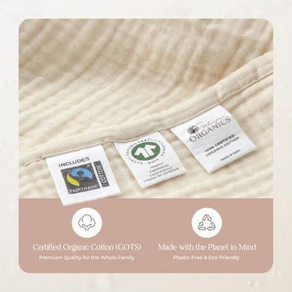 Whisper Organics, 100% Organic Muslin Cotton Throw Blanket – GOTS & Fairtrade Certified Organic – 4 Layers Breathable Lightweight Throw – All Season Pre-Washed Soft Cotton Blanket (Natural, 60x80)