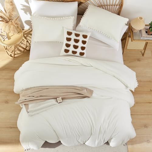YIRDDEO Queen Comforter Set, Ivory Ball Pom Fringe Bedding Set 3 Pieces