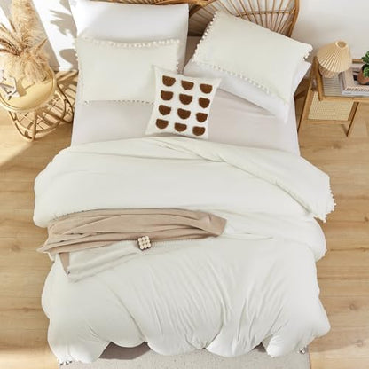 YIRDDEO Queen Comforter Set, Ivory Ball Pom Fringe Bedding Set 3 Pieces