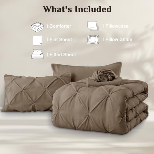 JOLLYVOGUE Twin XL Comforter Set 5 Pieces - Bed in a Bag Twin XL for All Season, Pintuck Bedding Comforter Sets with Comforter, Flat Sheet, Fitted Sheet and Pillowcases & Shams, Brown