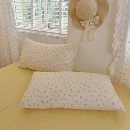 VM VOUGEMARKET Pink Blue Floral Duvet Cover Set Twin with Green Leaves Soft Breathable Muslin Cotton Bedding Set,Off-White Comforter Cover and 2 Pillowcases for Teen Girls