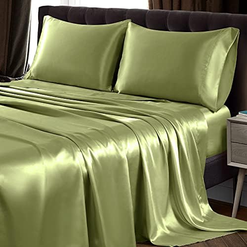 SiinvdaBZX 4Pcs Satin Sheet Set King Size 15-Inch Deep Pocket, Sage Green