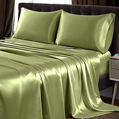 SiinvdaBZX 4Pcs Satin Sheet Set King Size 15-Inch Deep Pocket, Sage Green