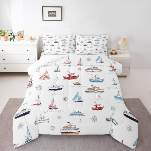 Nautical Sailboat Comforter Set Full Size,Sea Transportation Ships Bedding Set 3Pcs,Boat Anchor Rudder Print Quilt Set,Kids Boys Girls Teens Room Decor,Blue Red White Duvet Insert,2 Pillowcases