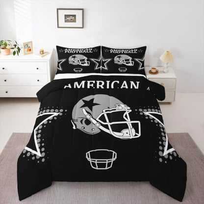 American Football Bedding Set Queen Size,Black Grey White Star Helmet Print Comforter Set for Kids Boys Teens Men Room Decor,Ball Sports Theme Quilt Set Modern Chic Duvet Insert,2 Pillowcases