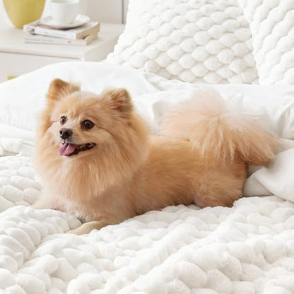 BEDELITE Fluffy King Comforter Set, White Ivory Fleece Bed Set 3 Pieces